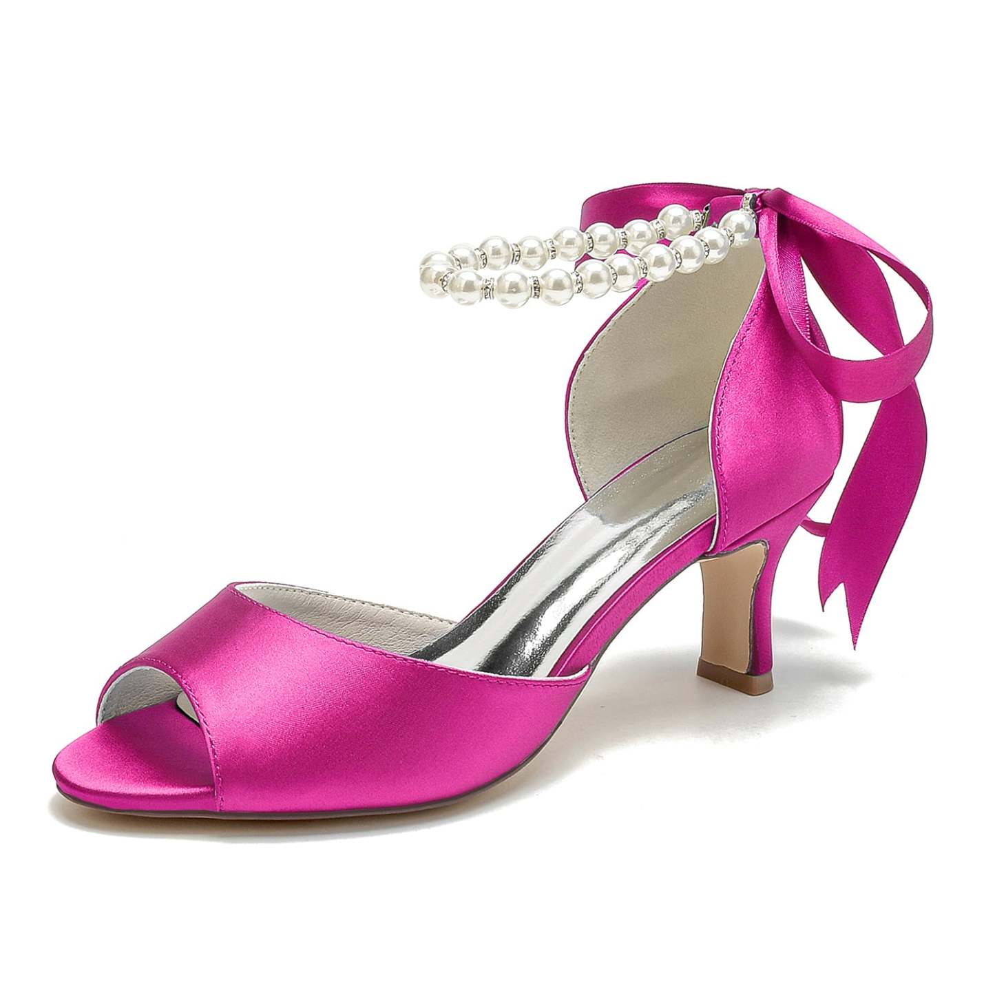 Bridal Heel Shoes for Women with Peep Toe and Pearl Mid Bow