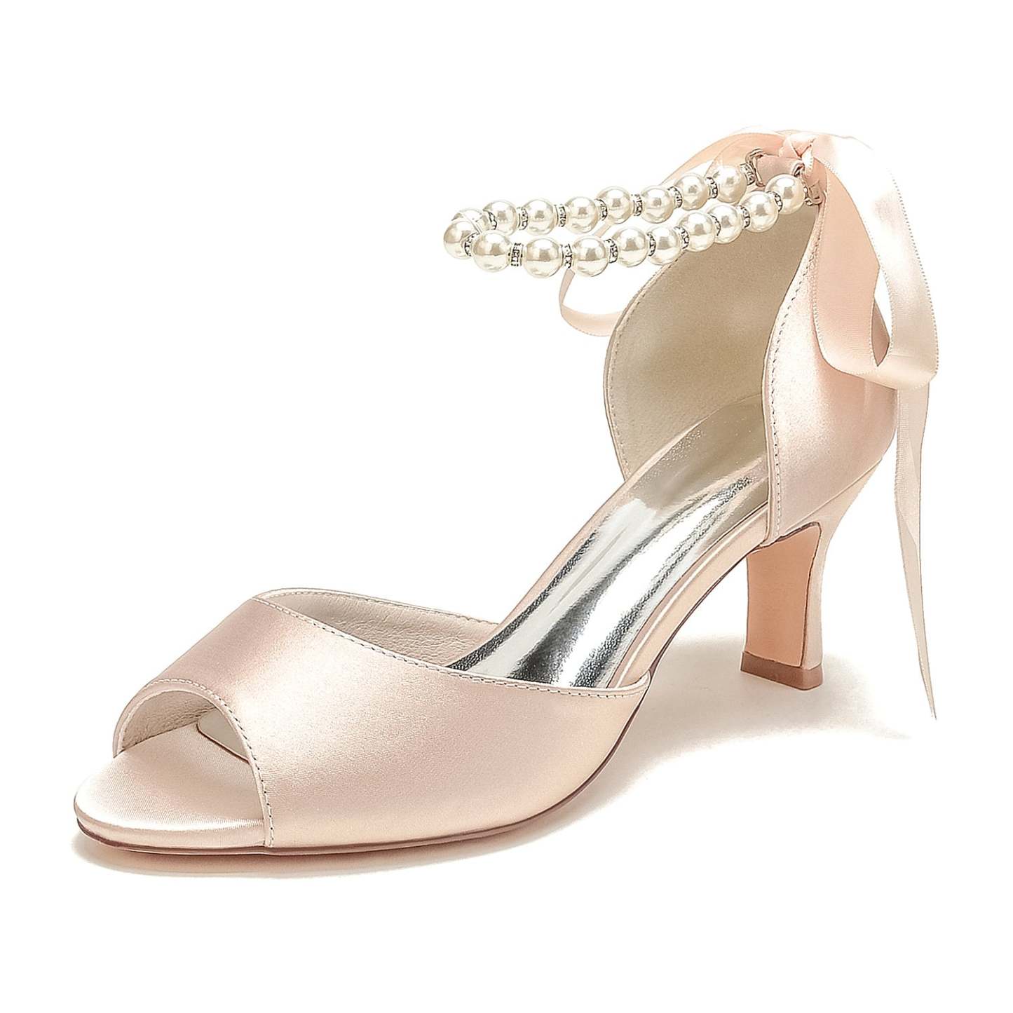 Bridal Heel Shoes for Women with Peep Toe and Pearl Mid Bow