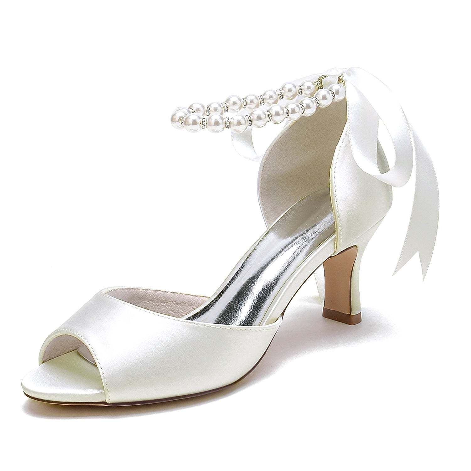 Bridal Heel Shoes for Women with Peep Toe and Pearl Mid Bow