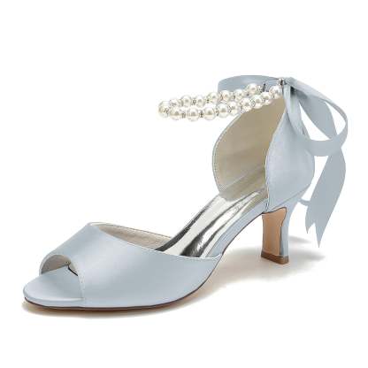 Bridal Heel Shoes for Women with Peep Toe and Pearl Mid Bow
