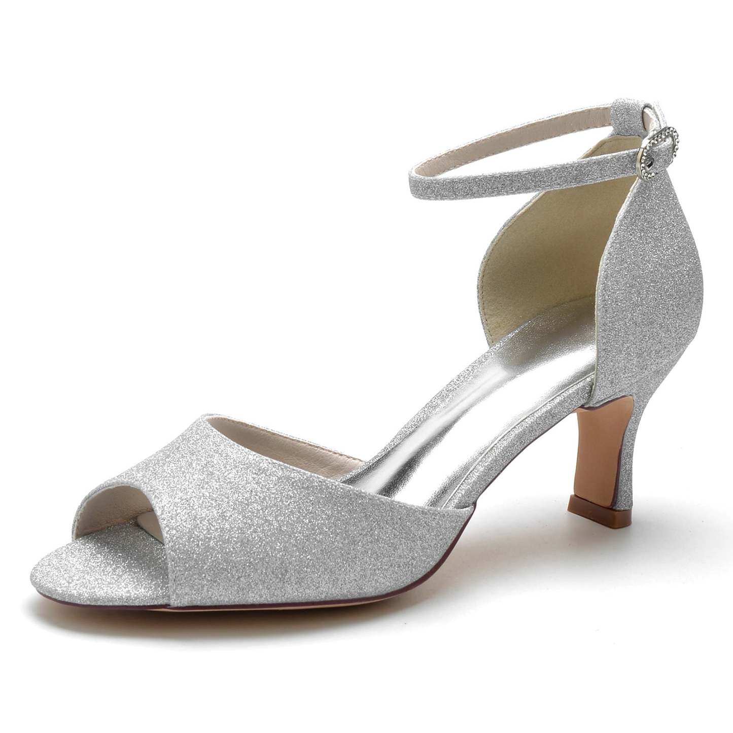 Bridal Peep Toe Mid Heel Glitter Shoes with Buckle for Women