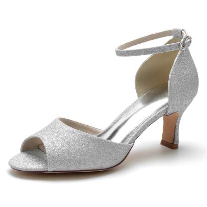 Bridal Peep Toe Mid Heel Glitter Shoes with Buckle for Women