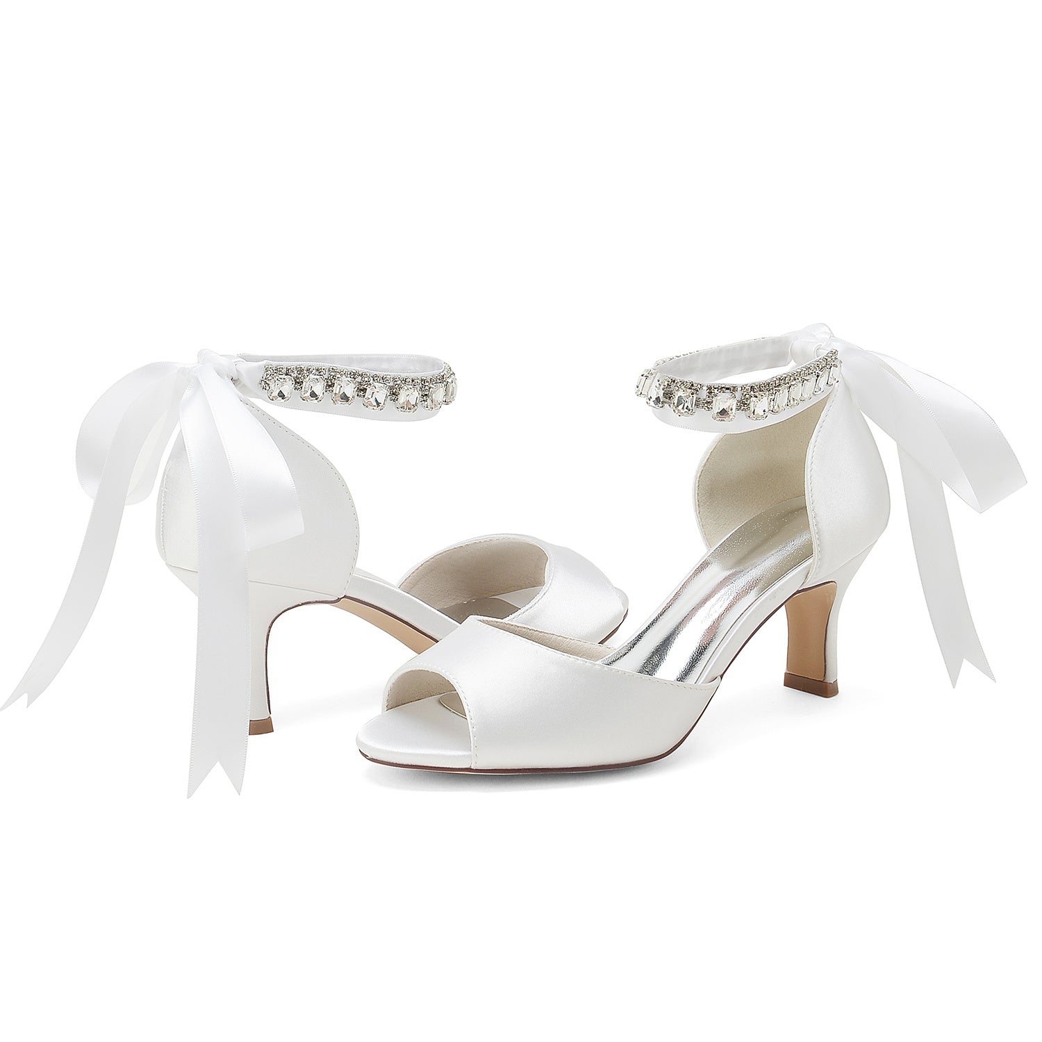 Bridal Shoes for Women with Peep Toe and Rhinestone Bow Buckle
