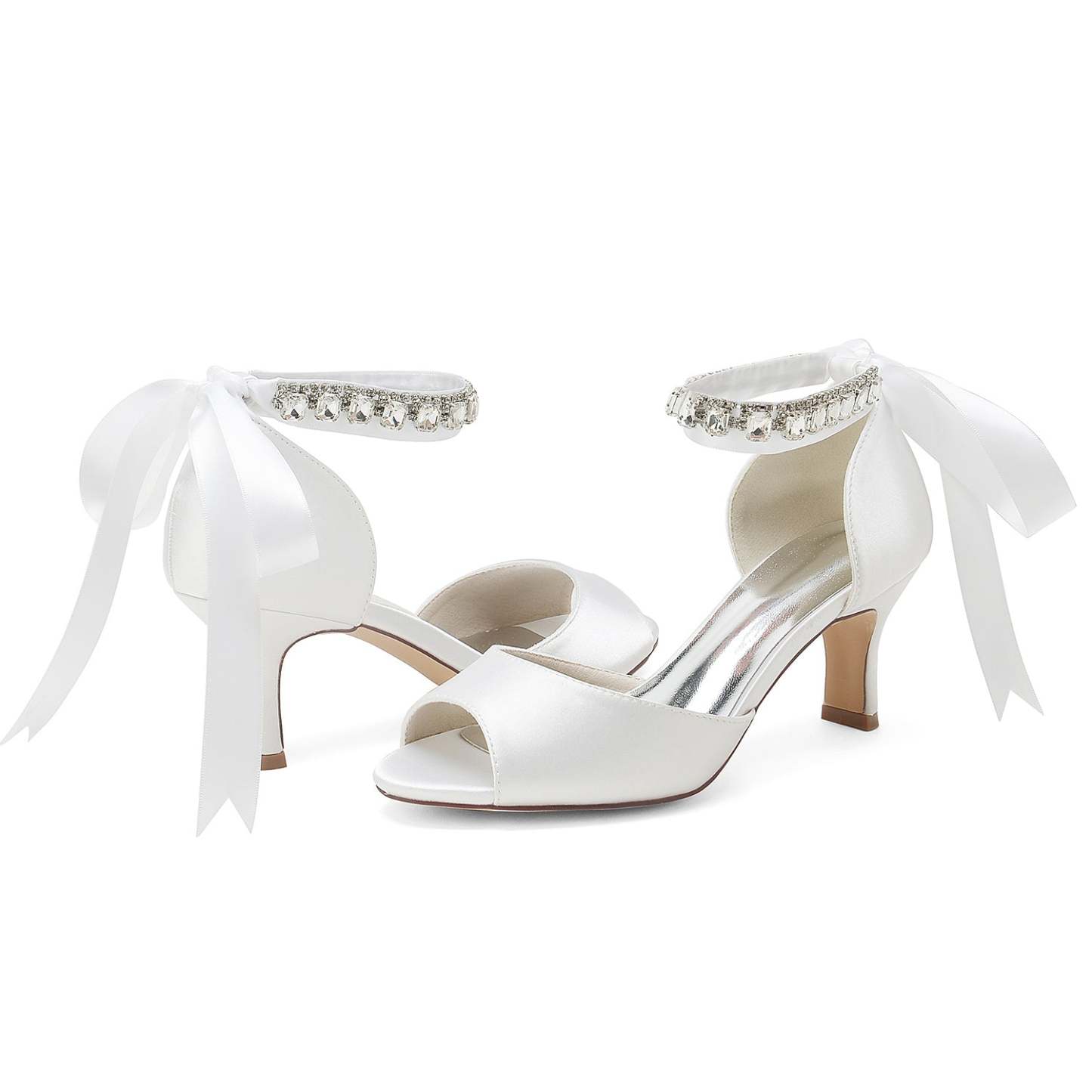 Bridal Shoes for Women with Peep Toe and Rhinestone Bow Buckle