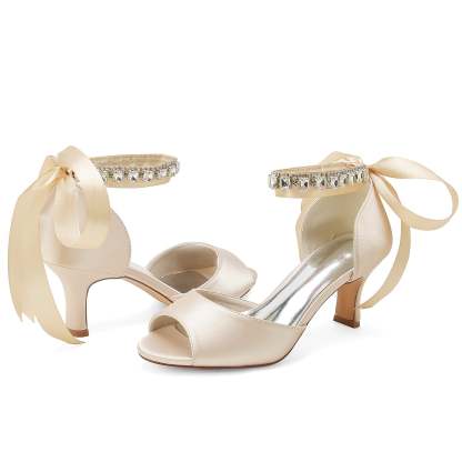 Bridal Shoes for Women with Peep Toe and Rhinestone Bow Buckle