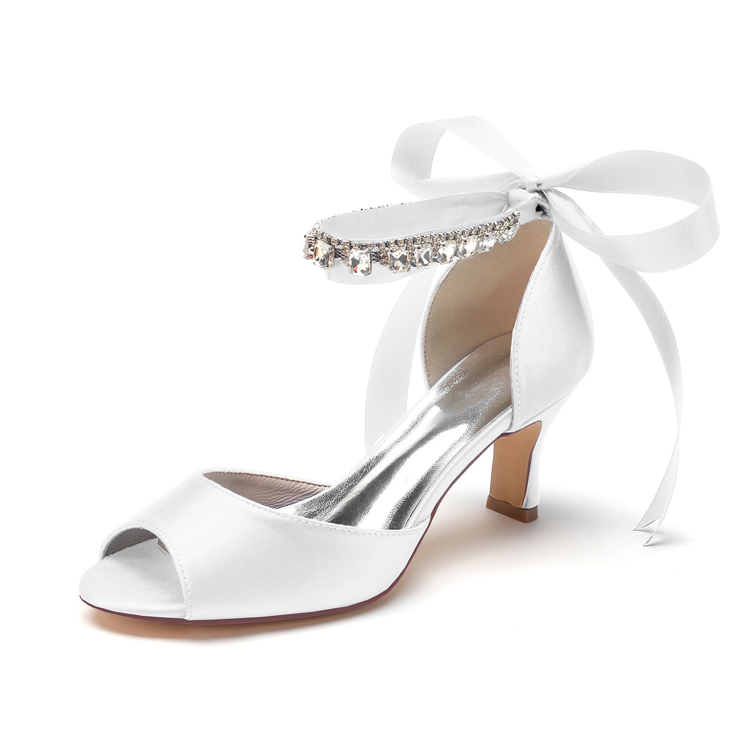 Bridal Shoes for Women with Peep Toe and Rhinestone Bow Buckle