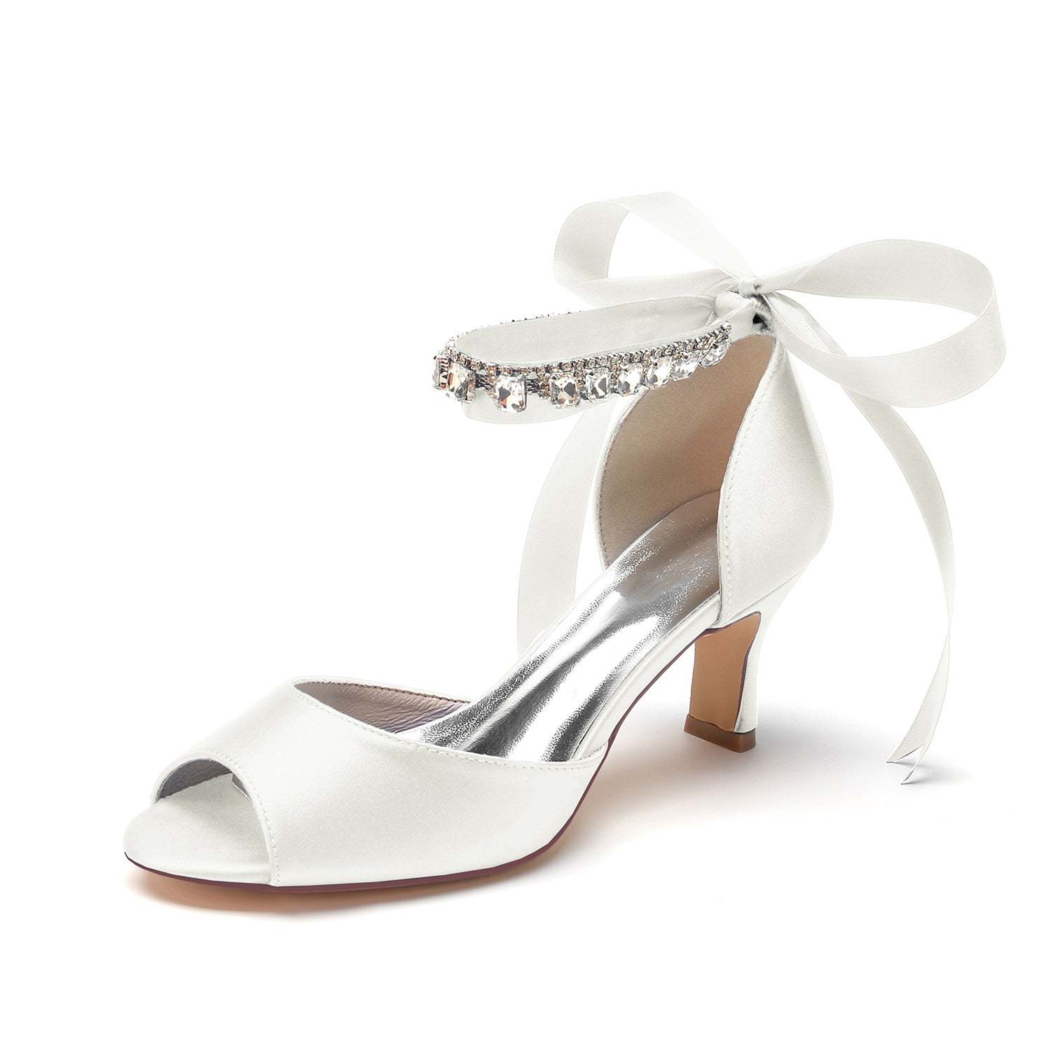 Bridal Shoes for Women with Peep Toe and Rhinestone Bow Buckle