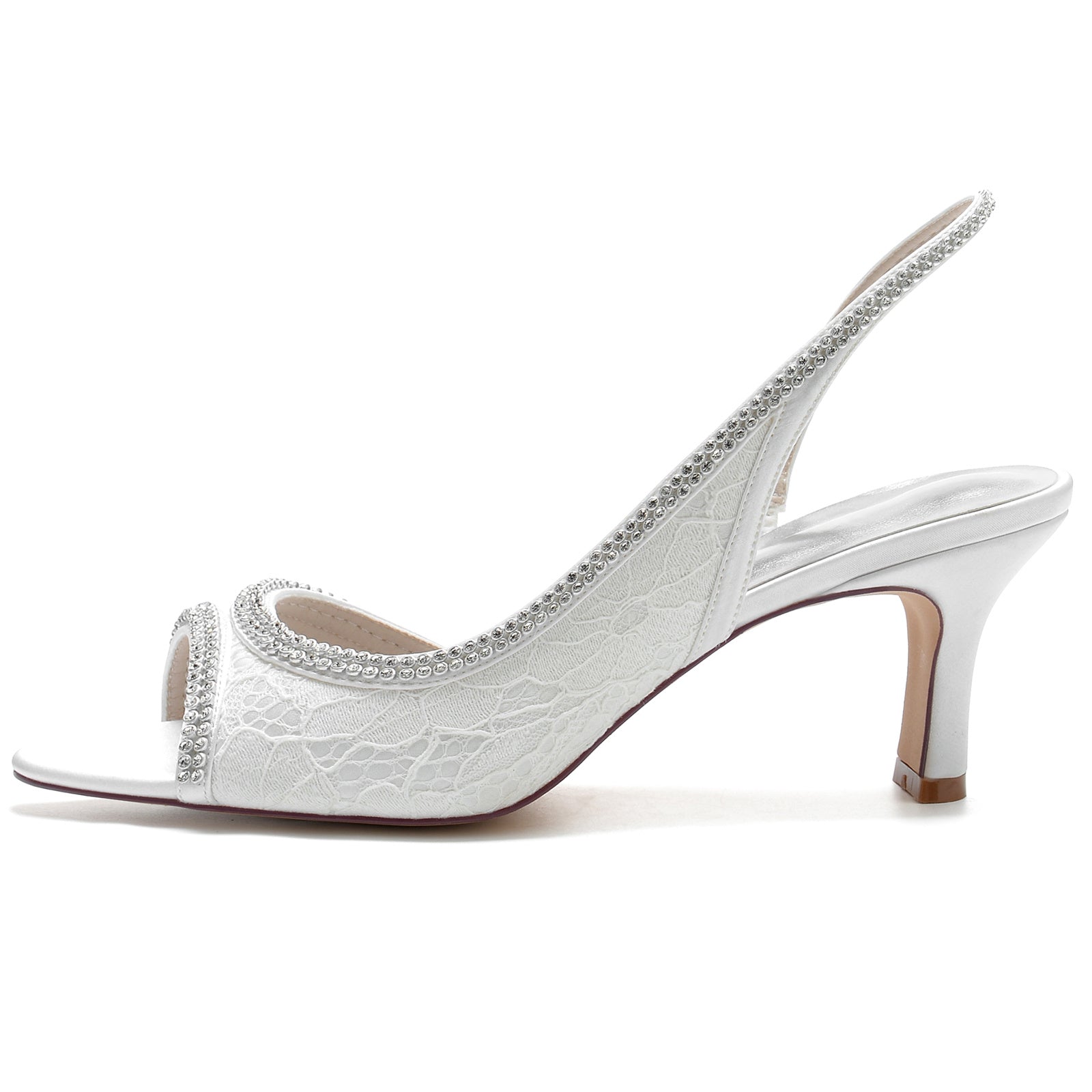 Bridal Silk Shoes for Women with Rhinestone Buckle and Lace Peep Toe