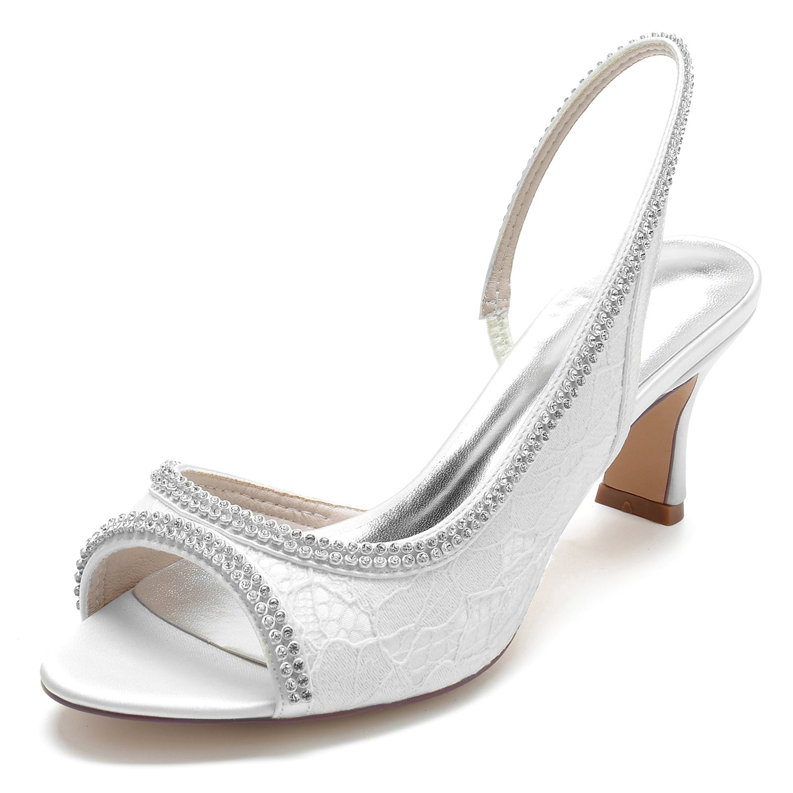 Bridal Silk Shoes for Women with Rhinestone Buckle and Lace Peep Toe