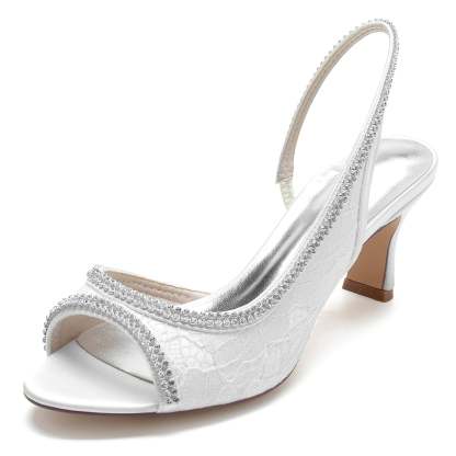 Bridal Silk Shoes for Women with Rhinestone Buckle and Lace Peep Toe