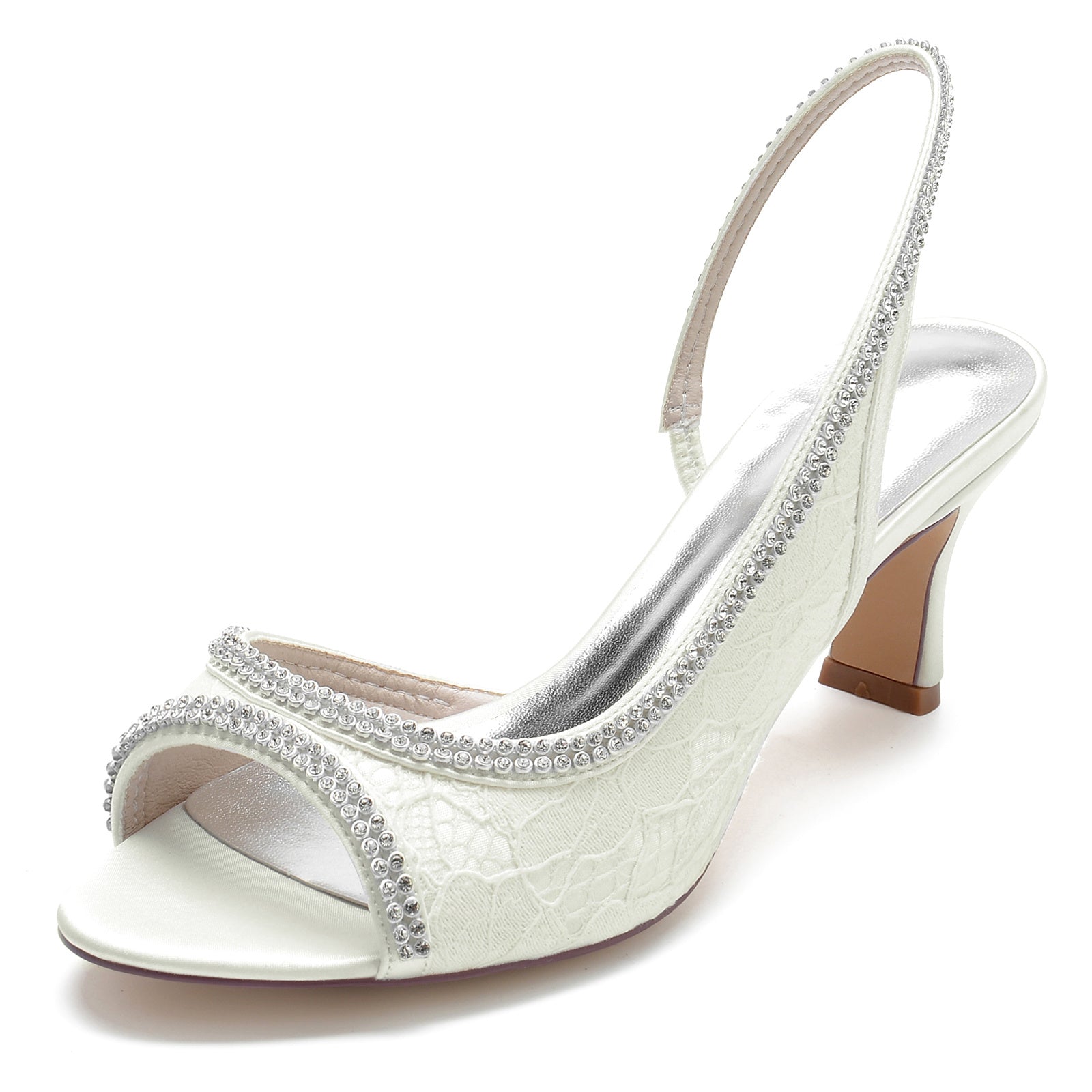 Bridal Silk Shoes for Women with Rhinestone Buckle and Lace Peep Toe