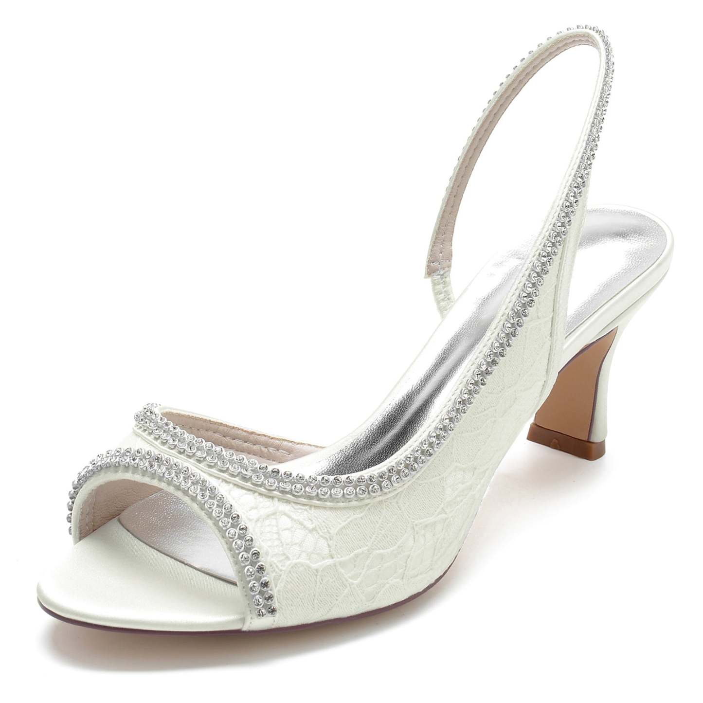Bridal Silk Shoes for Women with Rhinestone Buckle and Lace Peep Toe