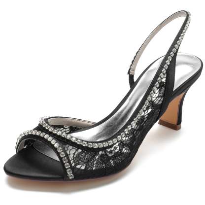 Bridal Shoes for Women in Black Silk Satin with Crystal Lacework and Peep Toe