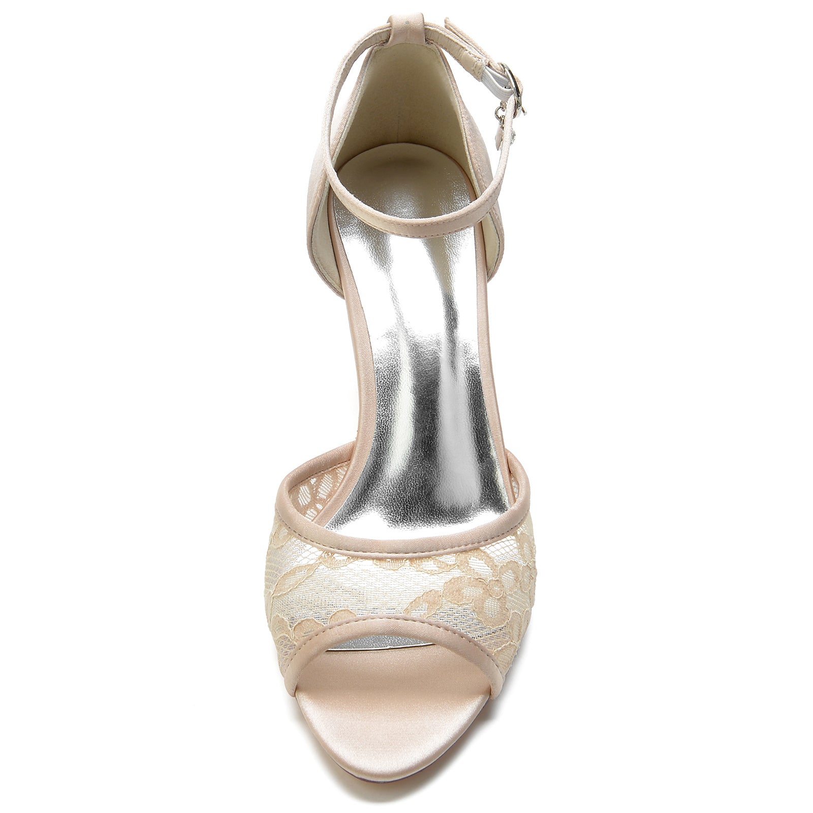 Bridal Shoes for Women with Lace and Rhinestone Details Mid Heel Peep Toe Buckle Design