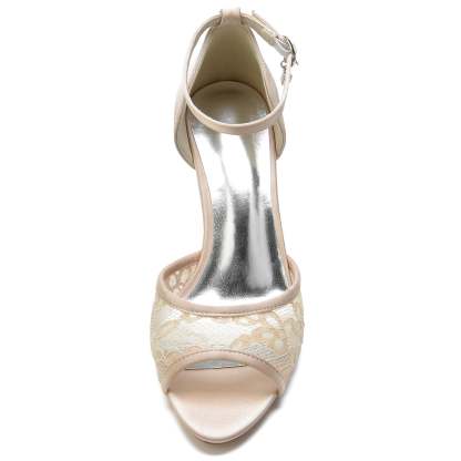 Bridal Shoes for Women with Lace and Rhinestone Details Mid Heel Peep Toe Buckle Design