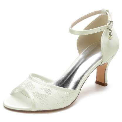 Bridal Shoes for Women with Lace and Rhinestone Details Mid Heel Peep Toe Buckle Design