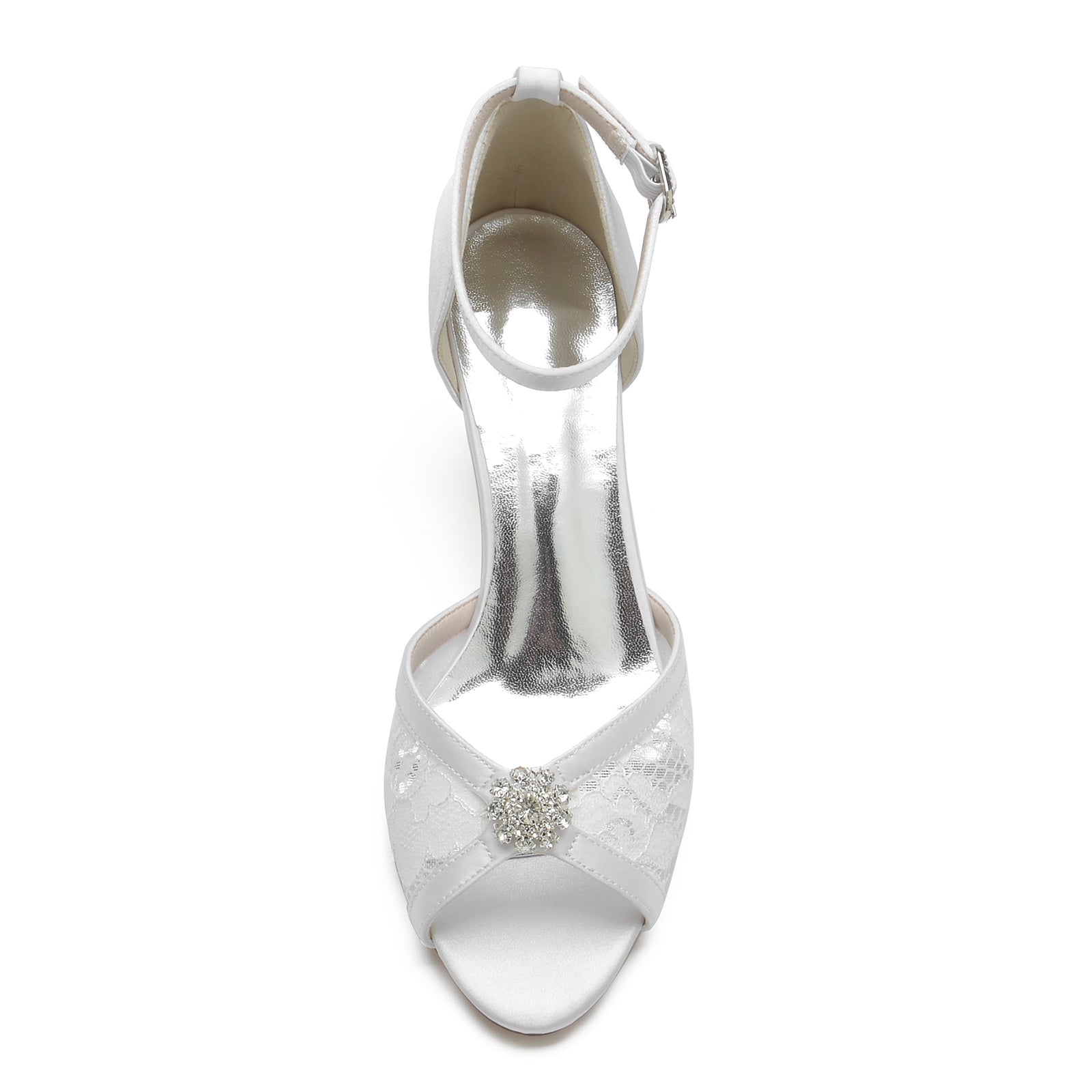Bridal Shoes for Women with Lacework Rhinestone Flower and Buckle Mid Peep Toe