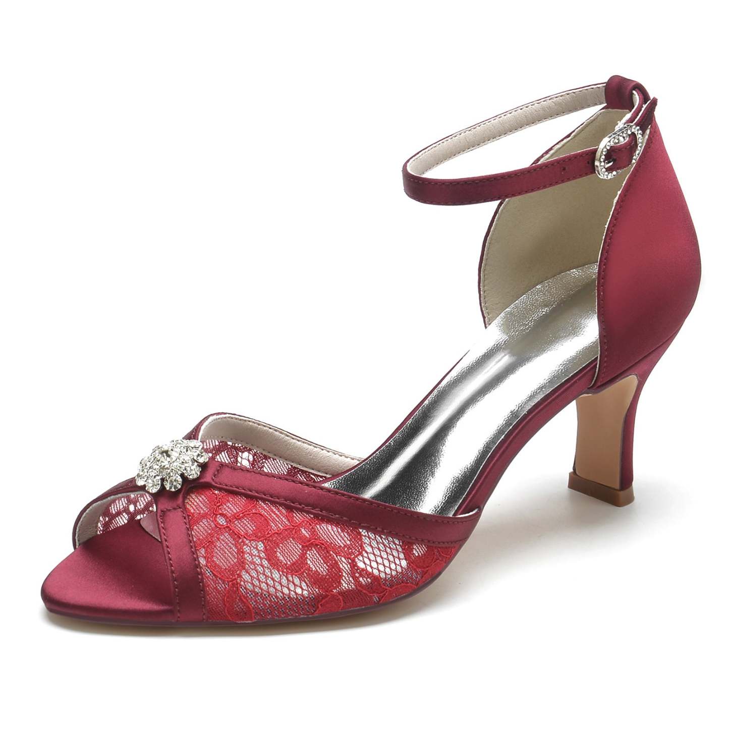 Bridal Shoes for Women with Lacework Rhinestone Flower and Buckle Mid Peep Toe