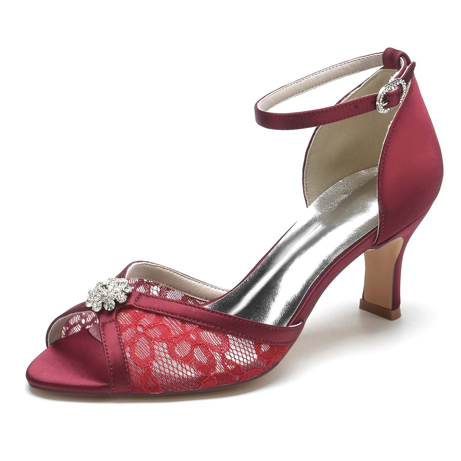 Bridal Shoes for Women with Lacework Rhinestone Flower and Buckle Mid Peep Toe