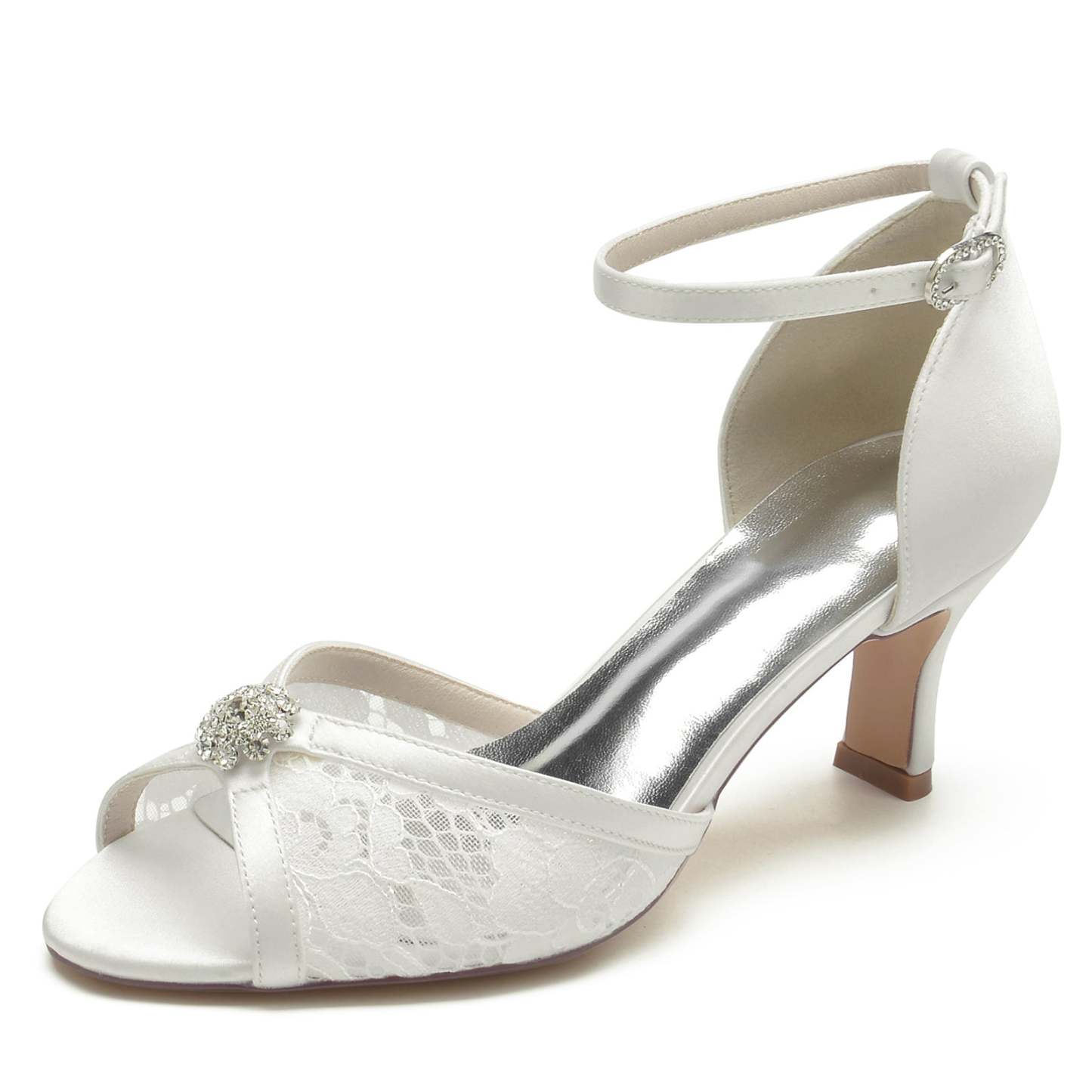Bridal Shoes for Women with Lacework Rhinestone Flower and Buckle Mid Peep Toe