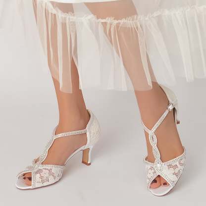 Bridal Shoes for Women with Lacework Mini Crystal Straps and Peep Toe Buckle
