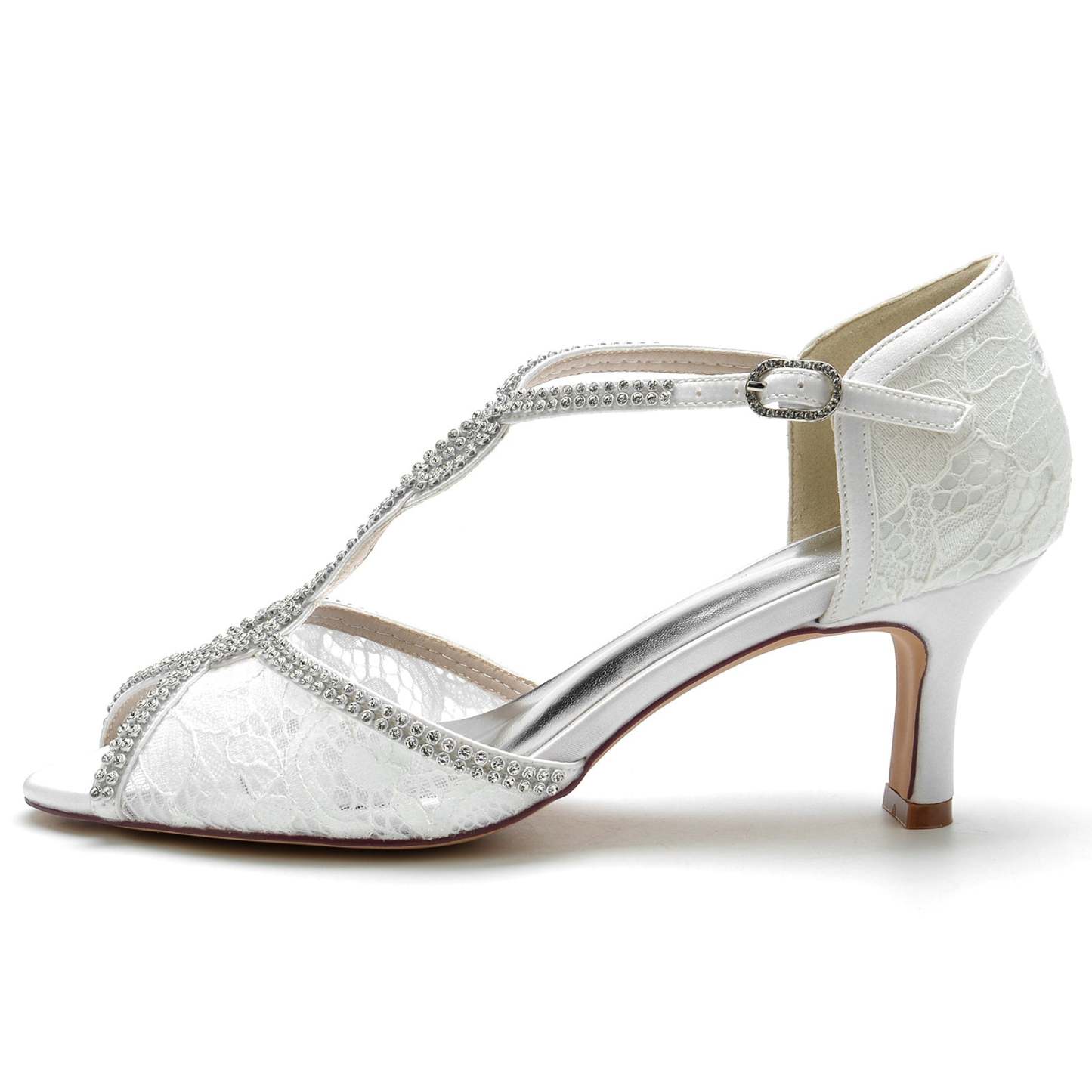 Bridal Shoes for Women with Lacework Mini Crystal Straps and Peep Toe Buckle