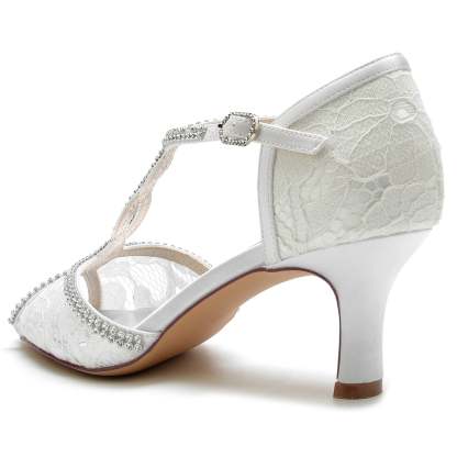 Bridal Shoes for Women with Lacework Mini Crystal Straps and Peep Toe Buckle