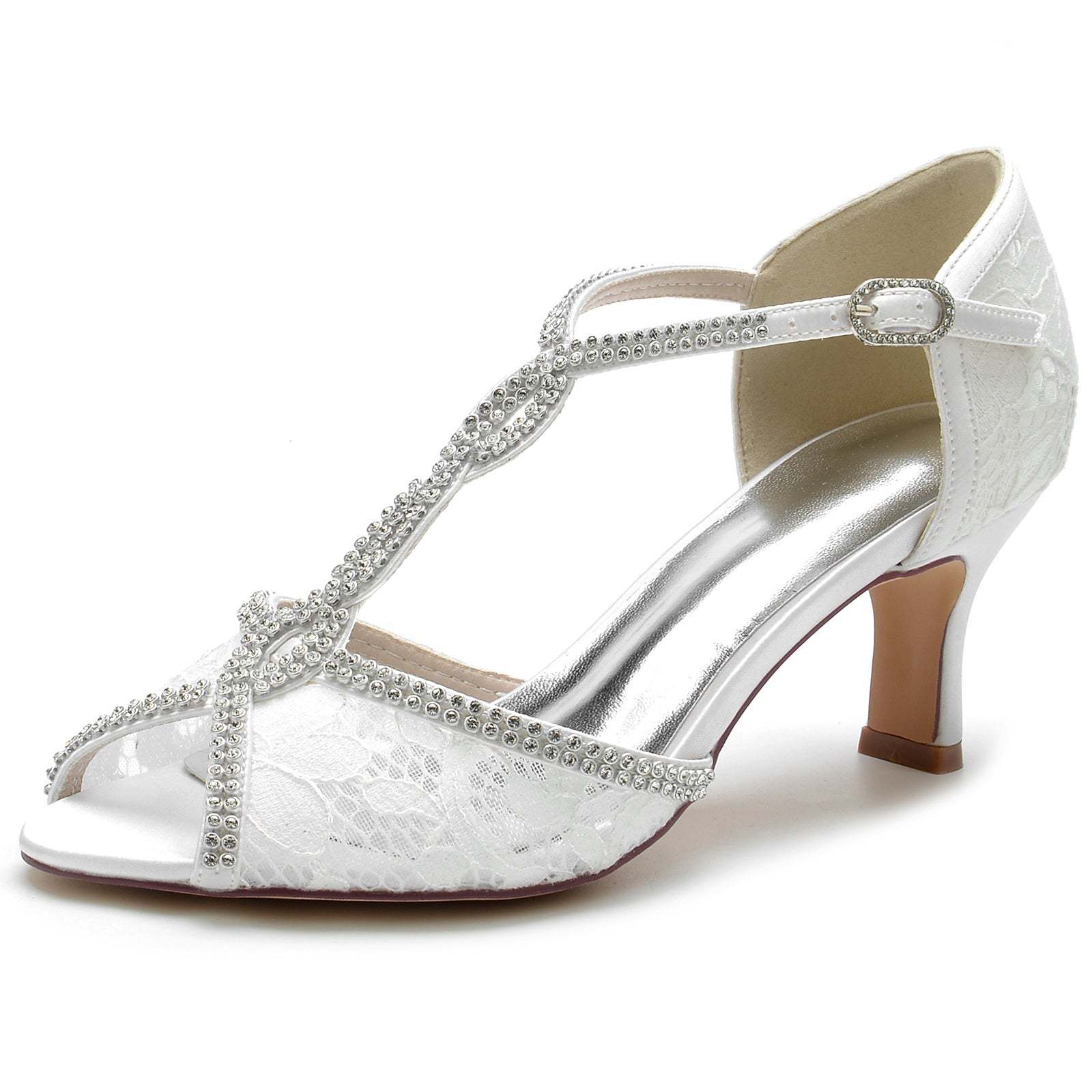 Bridal Shoes for Women with Lacework Mini Crystal Straps and Peep Toe Buckle