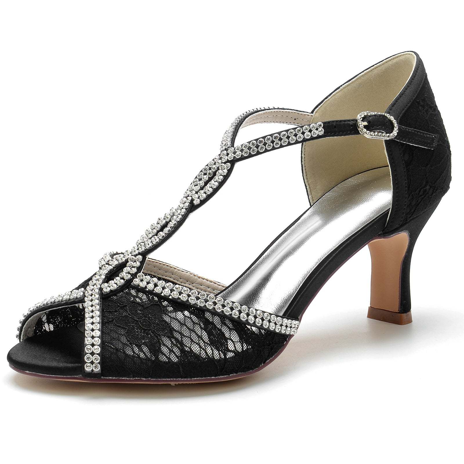 Bridal Shoes for Women with Lacework Mini Crystal Straps and Peep Toe Buckle