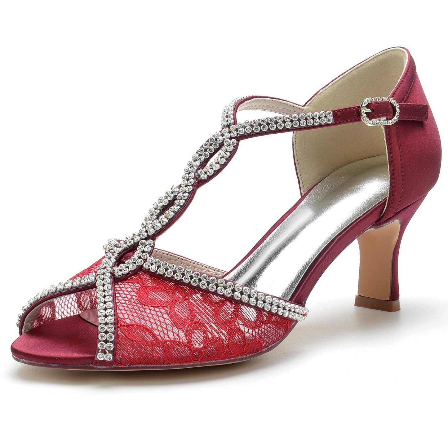 Bridal Shoes for Women with Lacework Mini Crystal Straps and Peep Toe Buckle