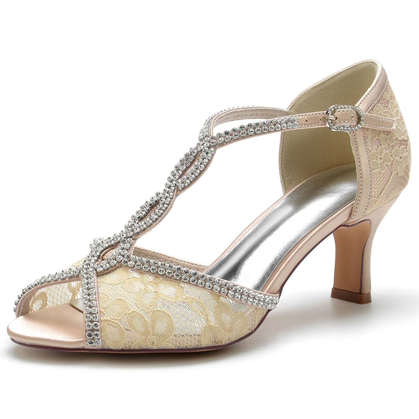 Bridal Shoes for Women with Lacework Mini Crystal Straps and Peep Toe Buckle