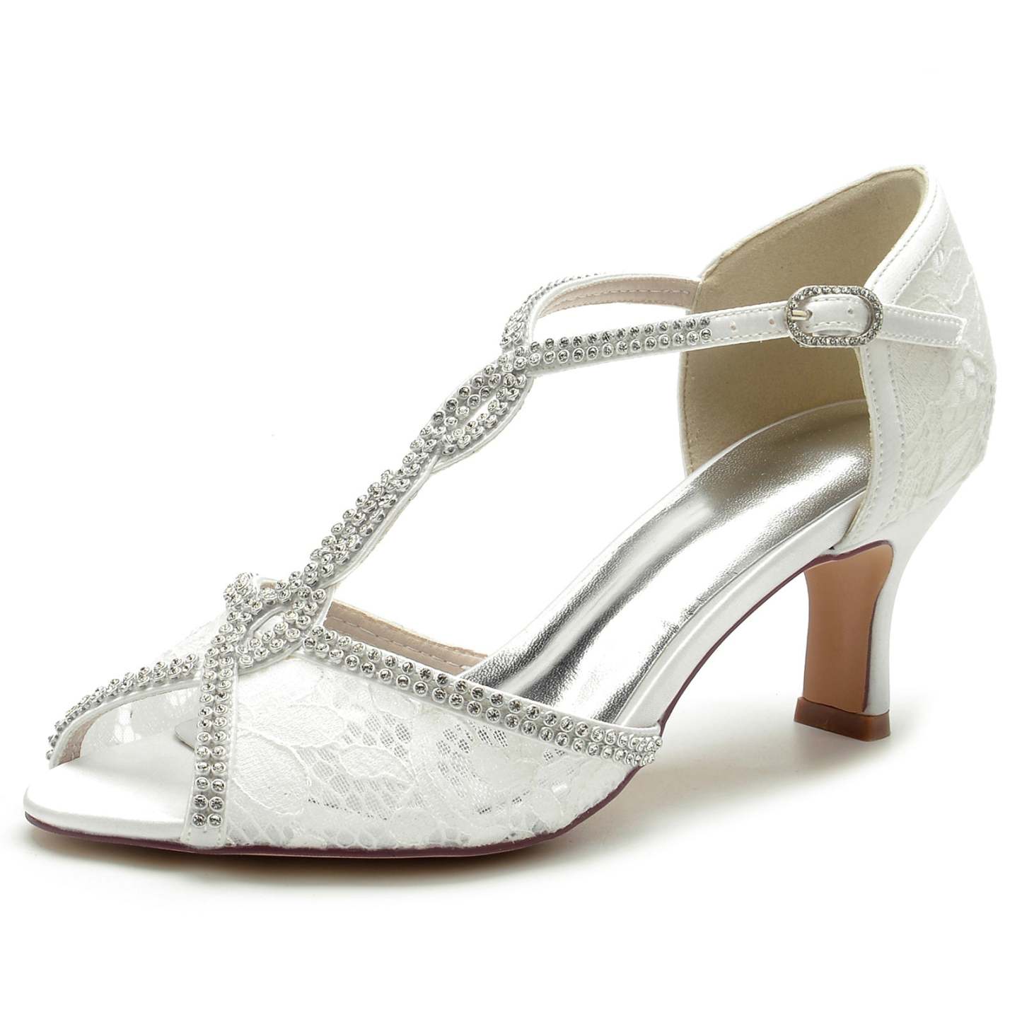 Bridal Shoes for Women with Lacework Mini Crystal Straps and Peep Toe Buckle