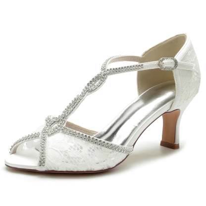 Bridal Shoes for Women with Lacework Mini Crystal Straps and Peep Toe Buckle