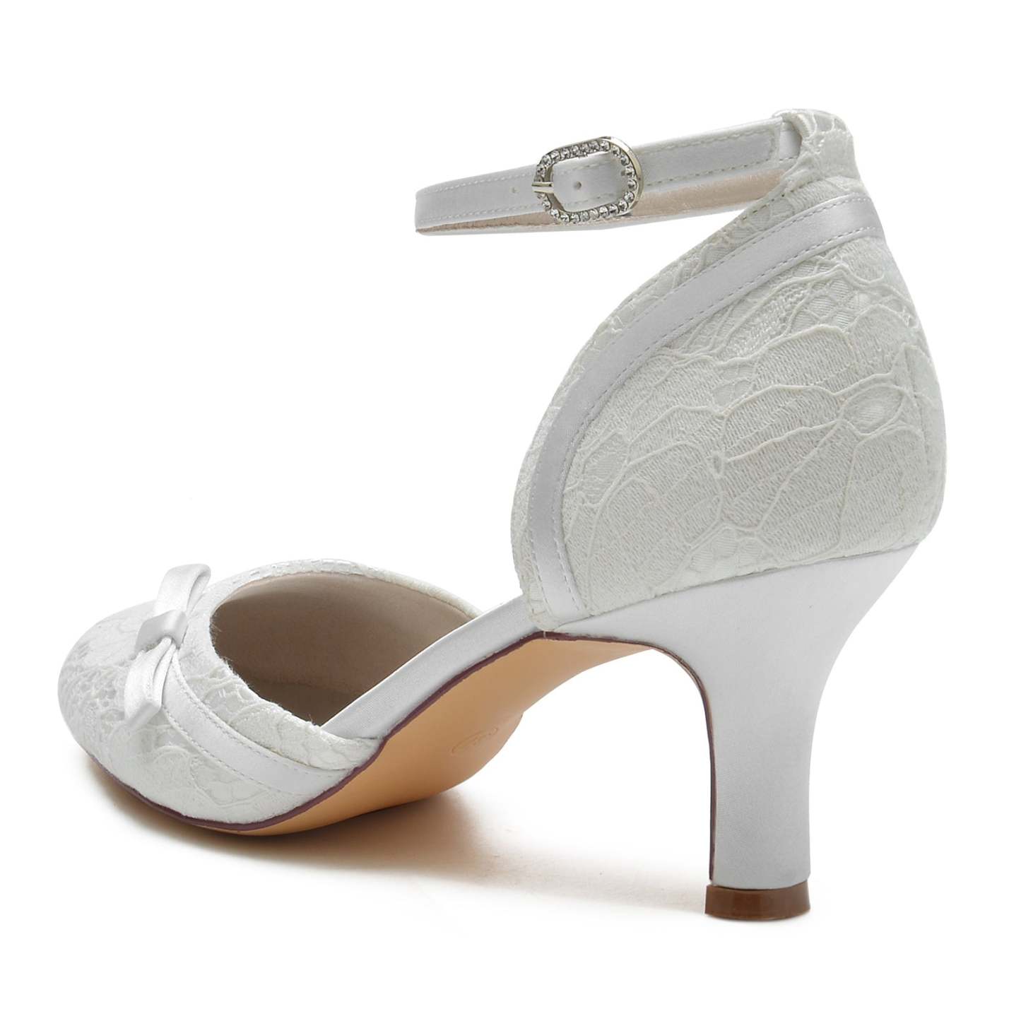 Bridal Shoes for Women with Lace Bow Applique and Buckle Mid Heel Round Toe