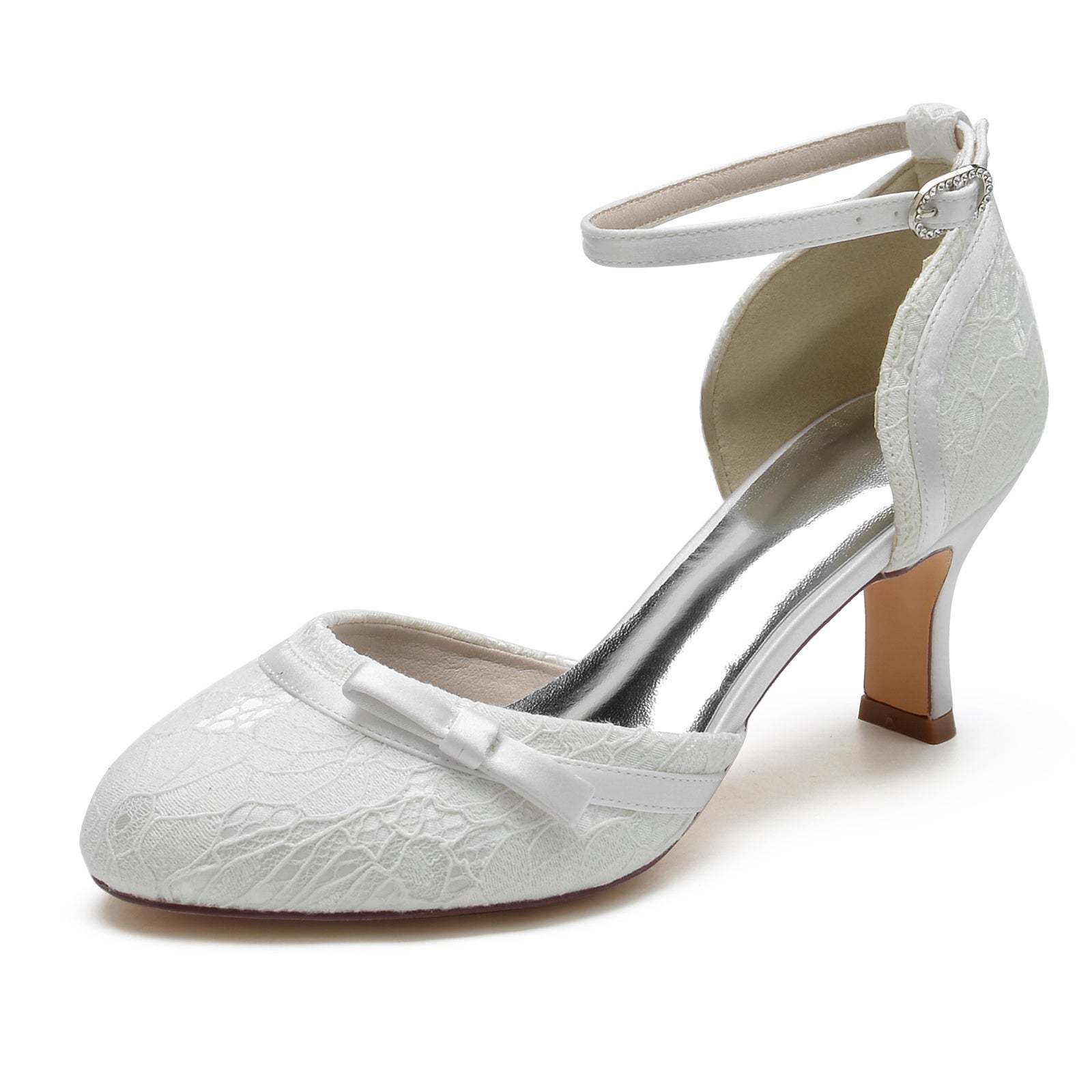 Bridal Shoes for Women with Lace Bow Applique and Buckle Mid Heel Round Toe