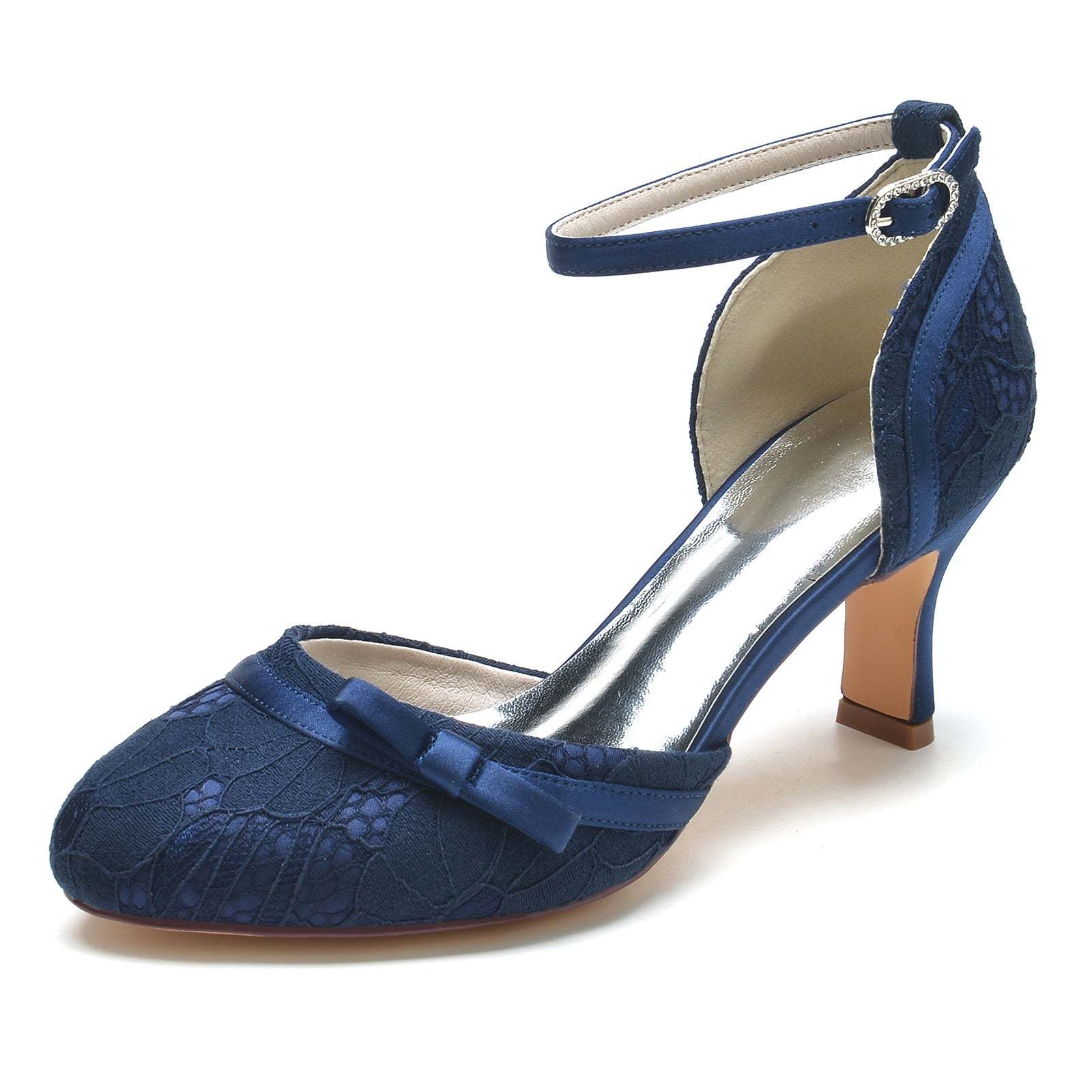 Bridal Shoes for Women with Lace Bow Applique and Buckle Mid Heel Round Toe