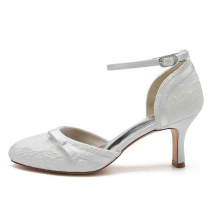 Bridal Shoes for Women with Lace Bow Applique and Buckle Mid Heel Round Toe