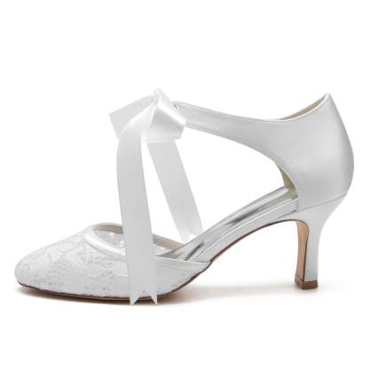 Bridal Shoes for Women with Lace and Bow Ankle Strap Round Mid Toe