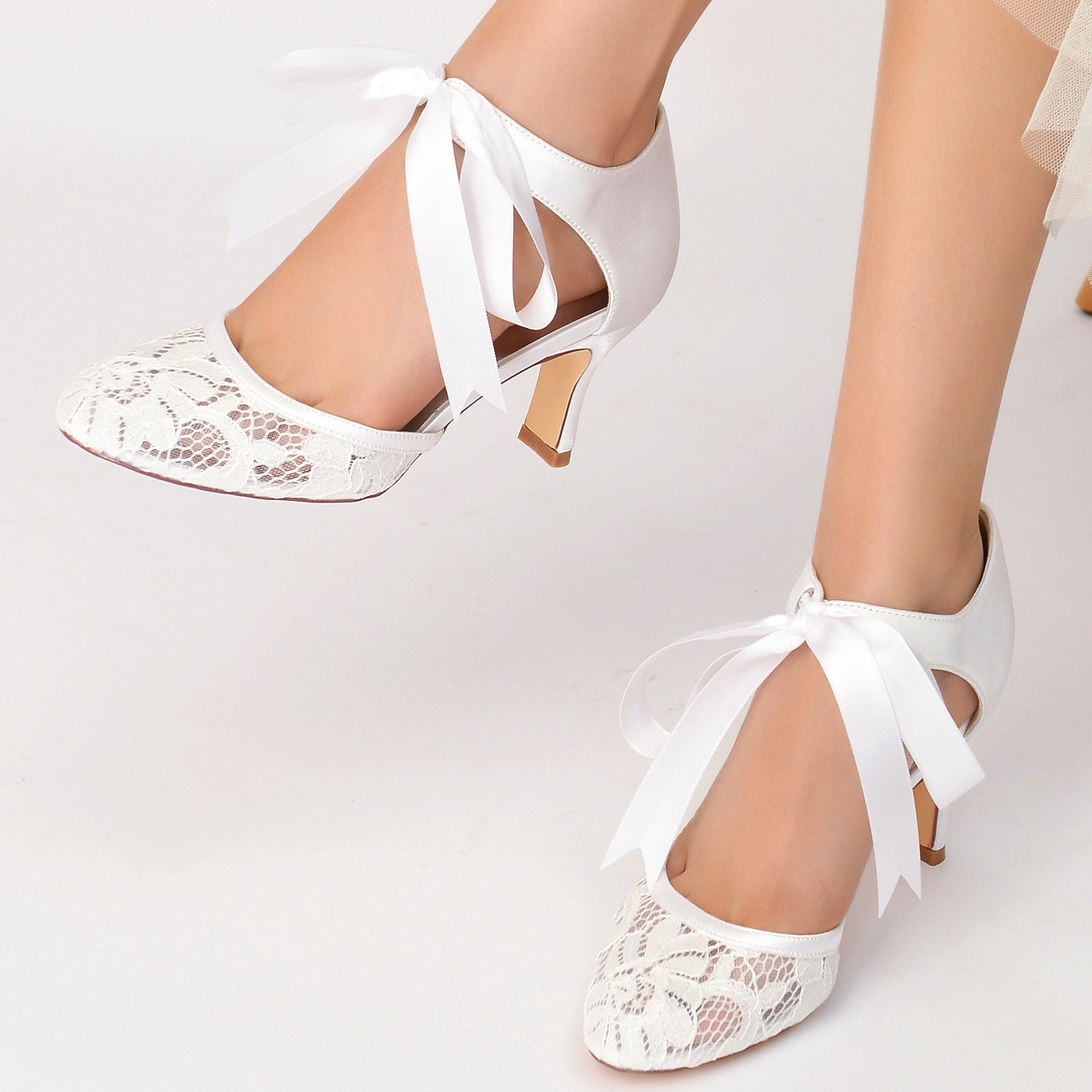 Bridal Shoes for Women with Lace and Bow Ankle Strap Round Mid Toe