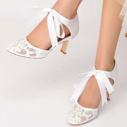 Bridal Shoes for Women with Lace and Bow Ankle Strap Round Mid Toe