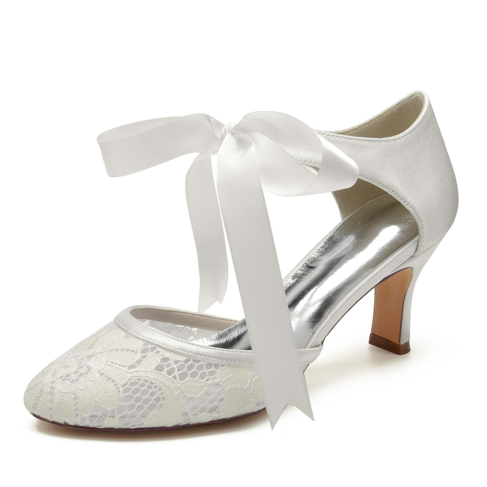Bridal Shoes for Women with Lace and Bow Ankle Strap Round Mid Toe