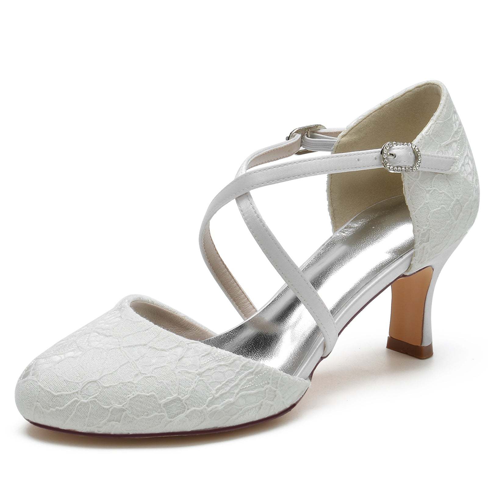 Bridal Shoes for Women with Lace Appliques and Crystal Buckle