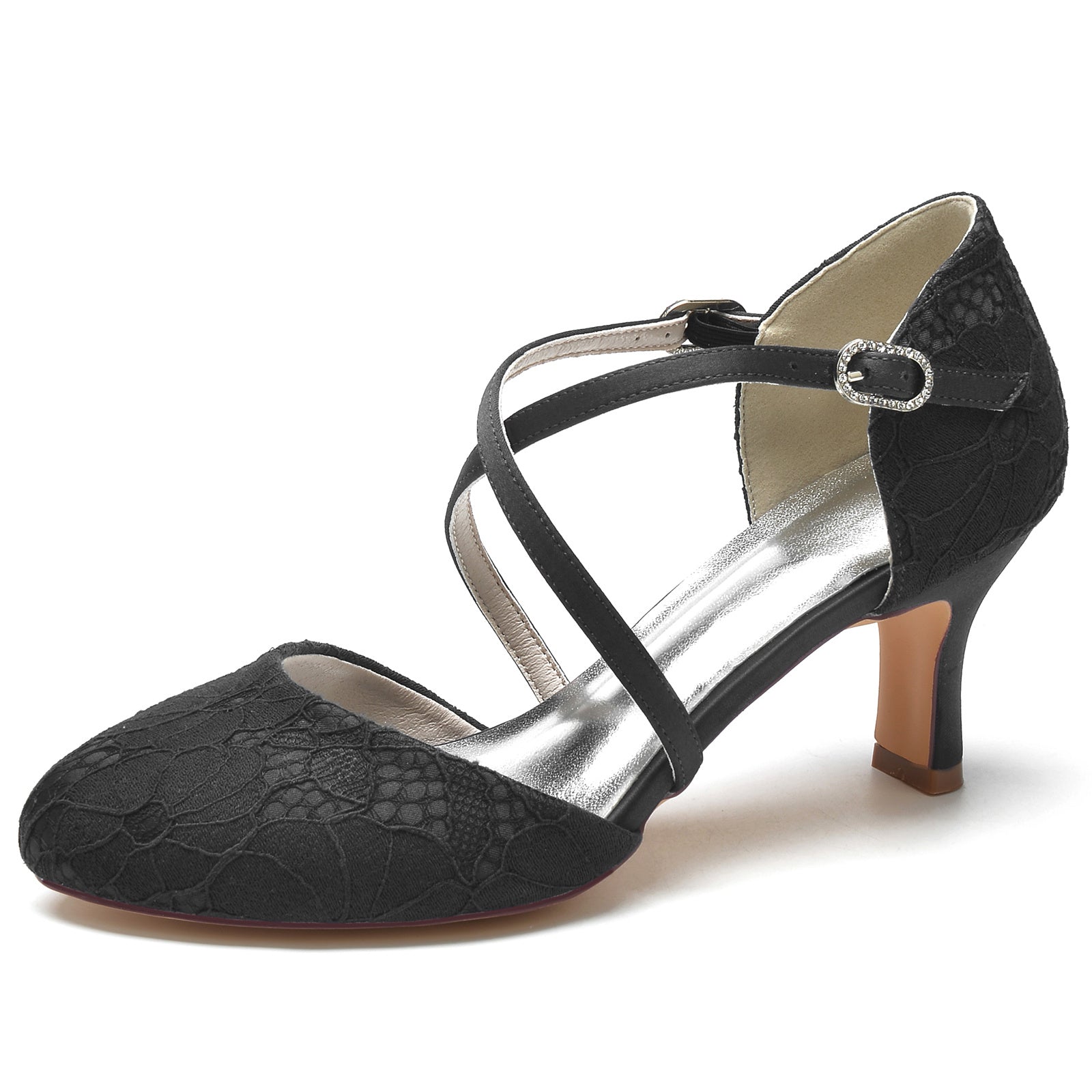 Bridal Shoes for Women with Lace Appliques and Crystal Buckle