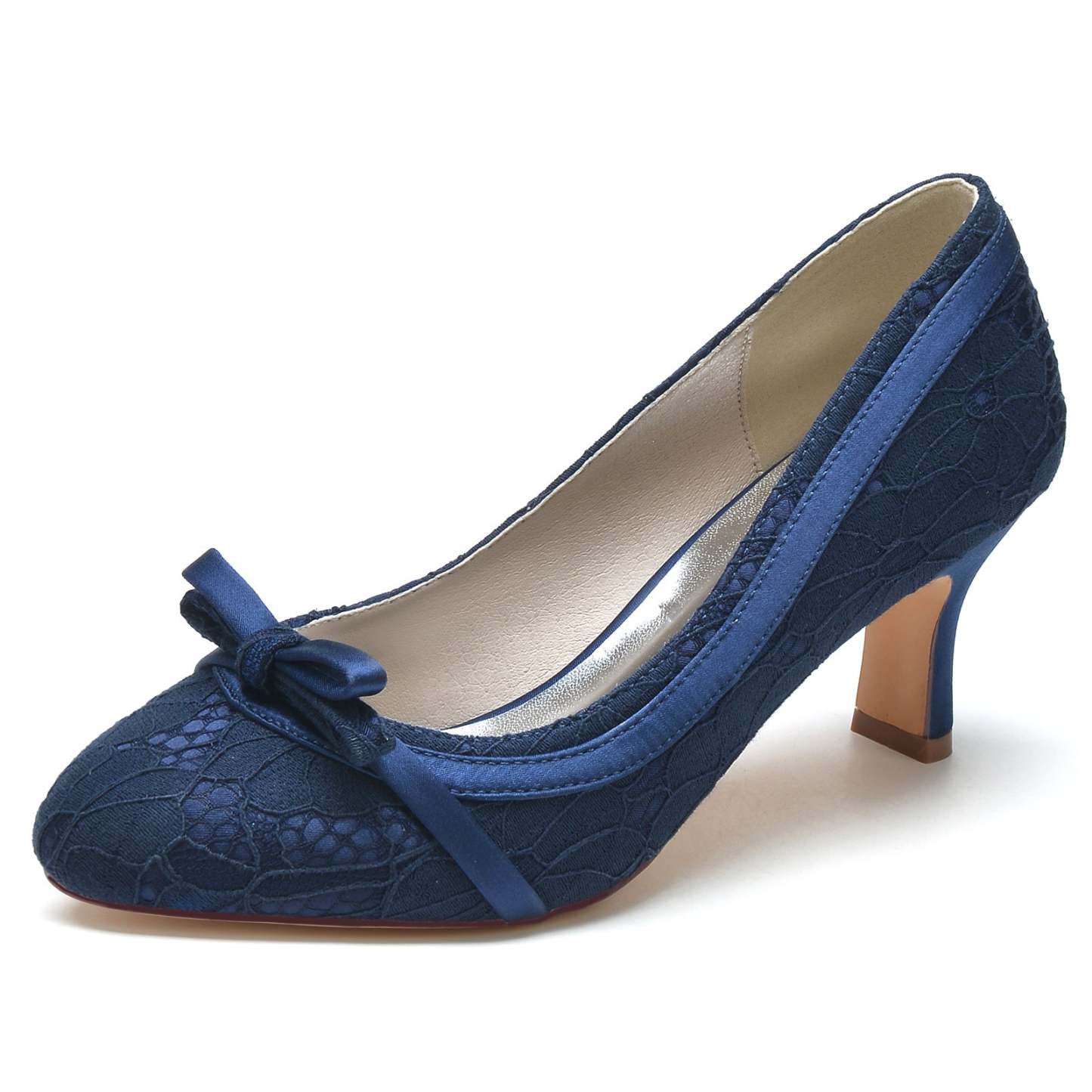 Bridal Shoes for Women with Lace Bow and Mid Heel Round Closed Toe