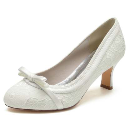 Bridal Shoes for Women with Lace Bow and Mid Heel Round Closed Toe