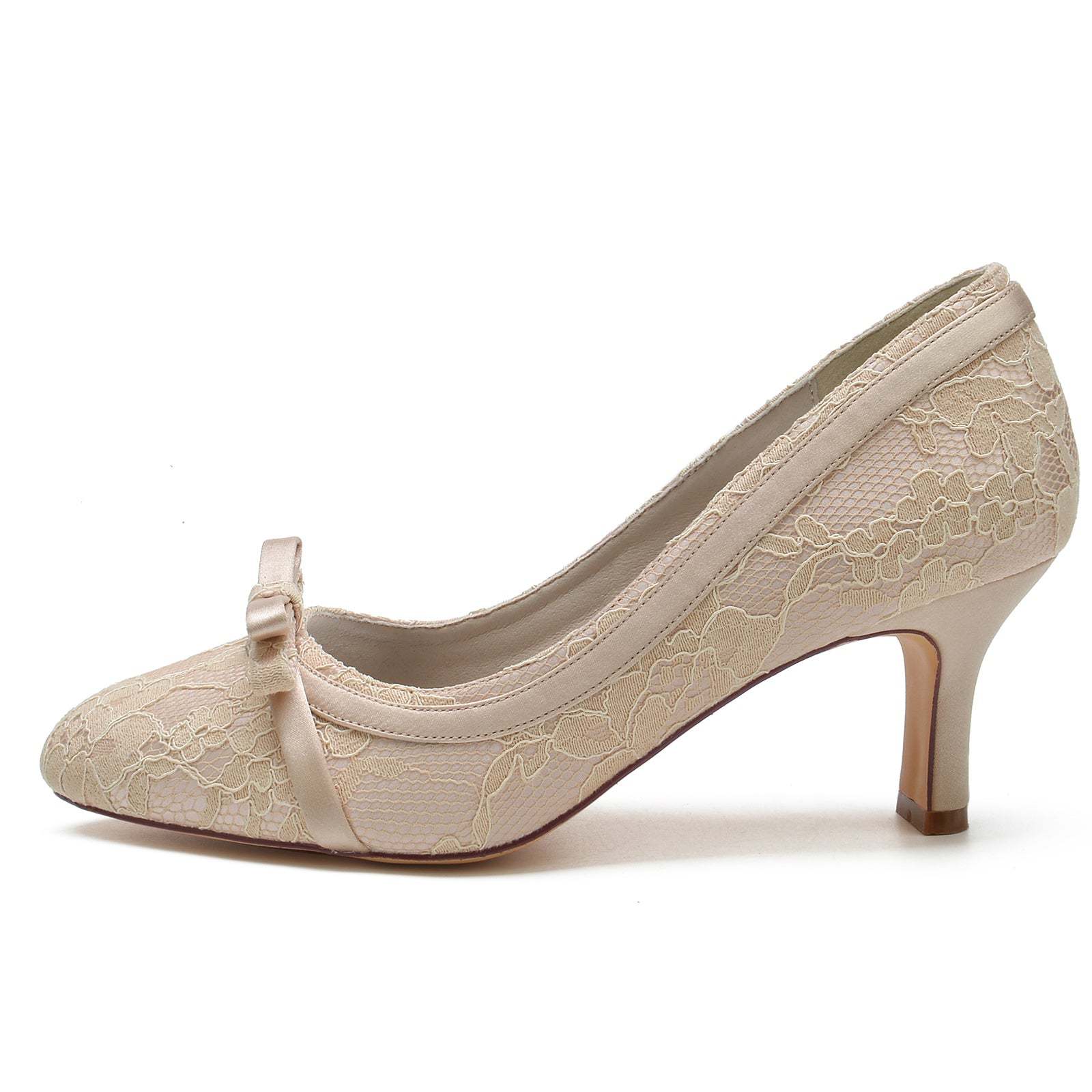 Bridal Shoes for Women with Lace Bow and Mid Heel Round Closed Toe