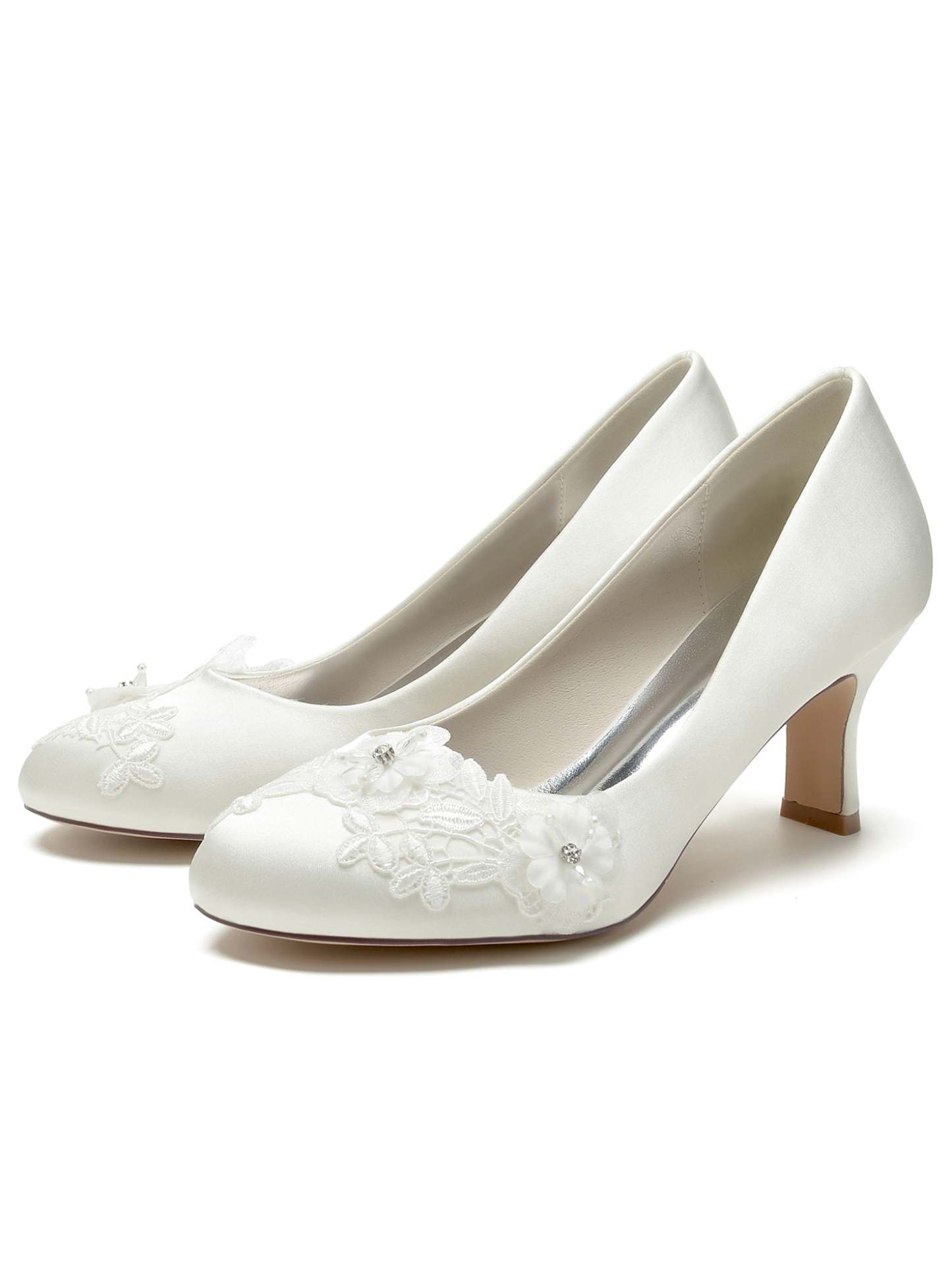 Bridal Shoes for Women with Applique Pointed Toe and Mid Heel