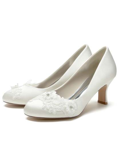 Bridal Shoes for Women with Applique Pointed Toe and Mid Heel