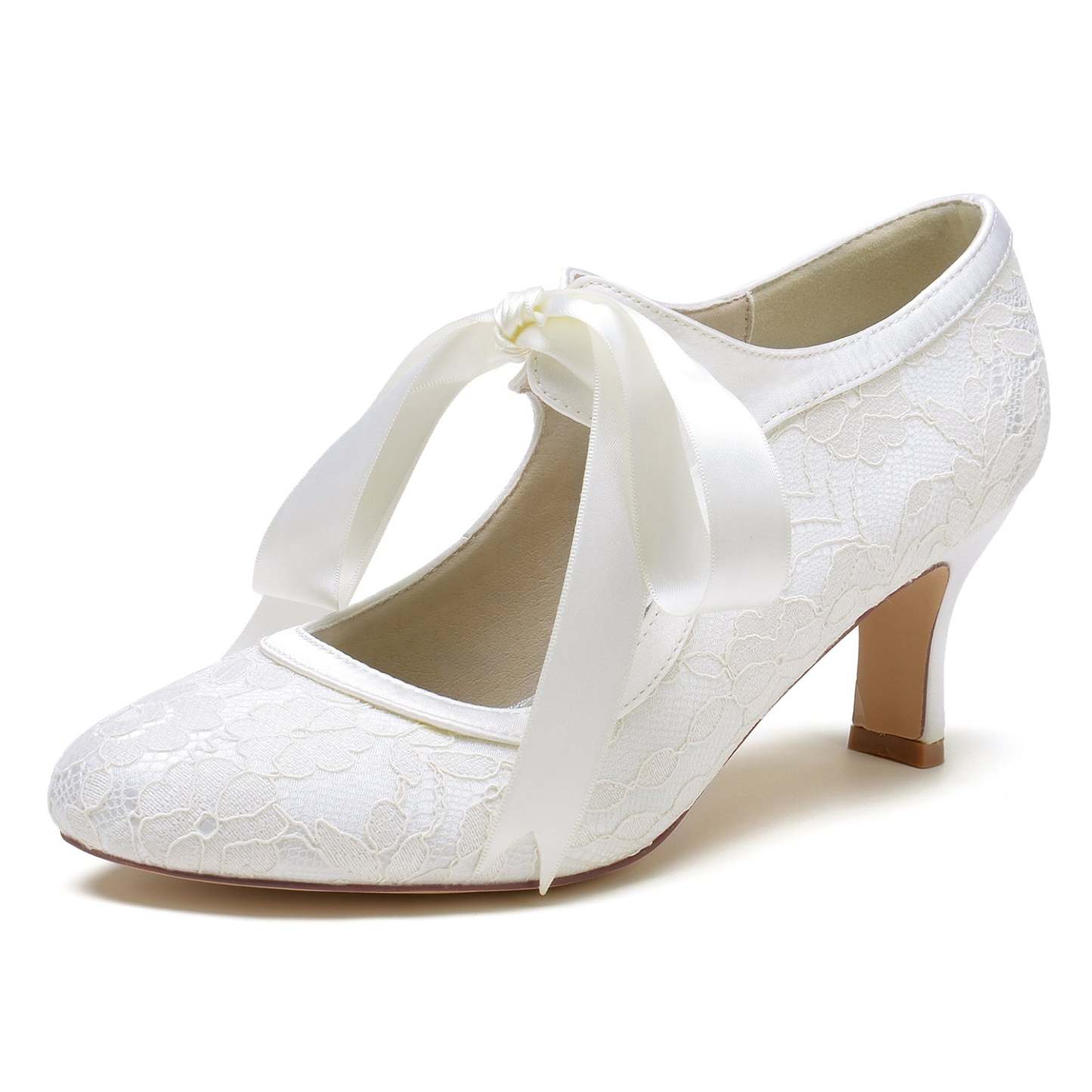 Bridal Shoes for Women with Lace and Bow Round Closed Toe Mid Heel
