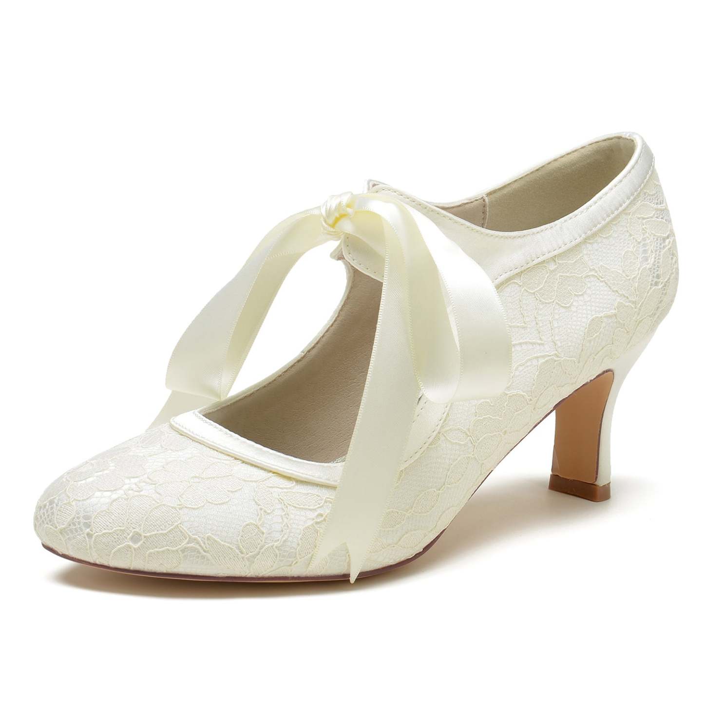 Bridal Shoes for Women with Lace and Bow Round Closed Toe Mid Heel